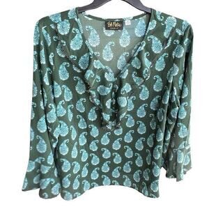 BOB MACKIE Art to Wear Green paisley Ruffle Loose Fit flare sleeves Plus Sz 2XL